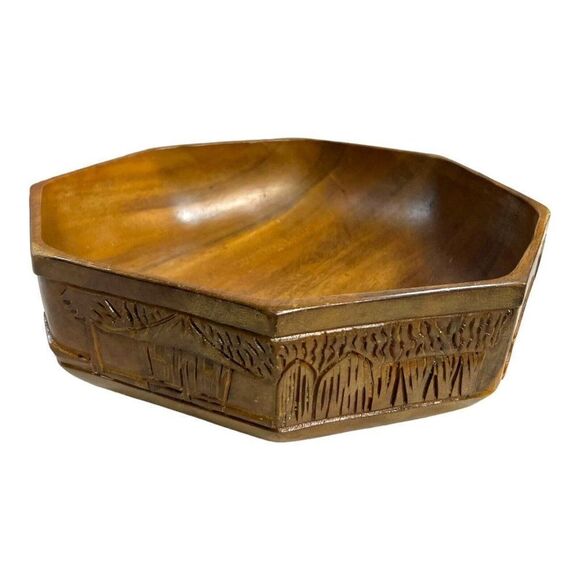 Vintage Tiki Barware Centerpiece Carved Wood Honolulu Hand Crafted Bowl LG 12”